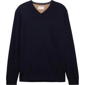 Suéter de Hombre Tom Tailor Básico con Cuello en V, Algodón Compacto, Color Azul Melange, Talla XXXL