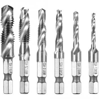 Qibaok 6 piezas brocas para rosca HSS macho de roscar grifo para taladro set de hexagonales drills de vástago Perforación,1/4Vástago HSS Tornillo Manual, Métrico, Tornillos de Taladro