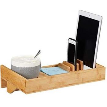 Organizador de Cama y Mesita de Noche, Estante Clip-On de Bambú, Soporte para Bebidas 9 cm, Bandeja Natural - Relaxdays