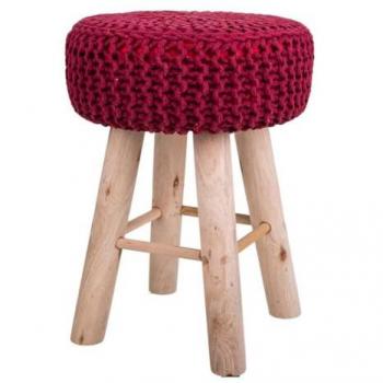 Taburete de madera y algodón trenzado rojo 32x32x44h cm
