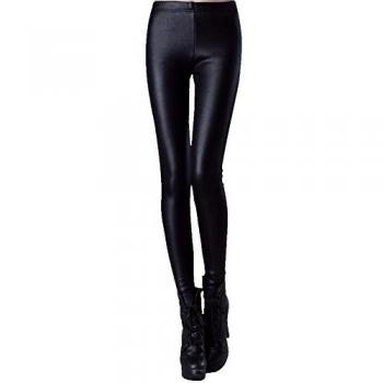 LaoZan Mujer Pantalones cuero de imitación Longitud total cuero de la PU Leggings terciopelo grueso XXL Negro