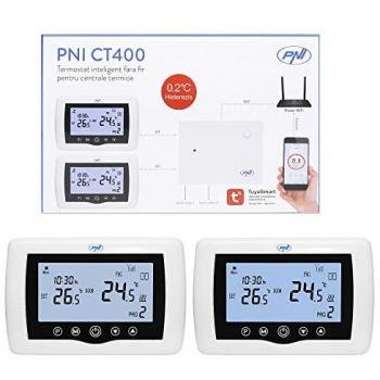 Termostato Inteligente PNI CT400 Blanco Wireless con WiFi, Control de 2 Zonas a través de Internet, Compatible con Centrales Térmicas y APP TuyaSmart