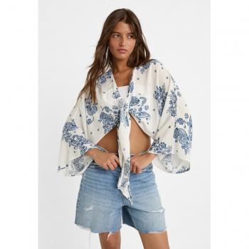 Sky Blue Printed Flowing Blouse with Knot Detail - Size S