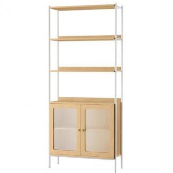 Estantería Boho Independiente de 6 Estantes Ajustables con Puerta, Estructura de Acero, Ideal para Salón, Beige Roble y Blanco Perla