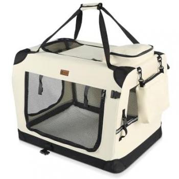 Transportín Plegable para Perros y Gatos S Beige - Bolsa de Transporte Transpirable con Bolsillos y Alfombrilla Extraíble 50x35x36cm