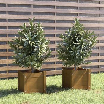 Jardineras de madera maciza de pino marrón 31x31x31 cm - Set de 2 piezas