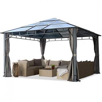 Cenador de jardín 4x4 m Aluminio con Techo de policarbonato Aprox. 8 mm y 4 Cortinas Laterales Color Gris