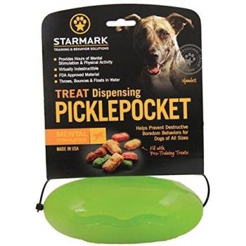 Starmark treat dispensing pickle pocket dog toy