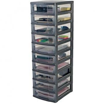 Iris Ohyama, Schubladenschrank auf Rollen / Rollcontainer - New Chest NMC-010 - plastik, silber, 10 x 6 L, L30 x B38 x H102 cm