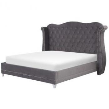 Cama Super King Size de Terciopelo Gris 180 x 200 cm con Cabecero Capitoneado y Base a Listones Ayette
