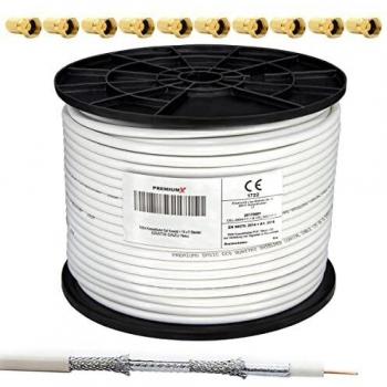 PremiumX - 100m Cable coaxial Sat Cable de Antena Cable coaxial 130dB, 4 Veces blindado para Sistemas DVB-S / S2 DVB-C y DVB-T BK + 10 Conectores F chapados en Oro Set Gratis