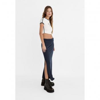 Navy Blue XL Long Skirt with Fold-Over Waist