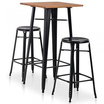 vidaXL Set Mesa Alta + 2 Taburetes Cocina Bar Barra Terraza 3 Pzas Diseño Industrial Madera Patas Acero Conjunto Muebles Sillas Desayuno Negro Marrón