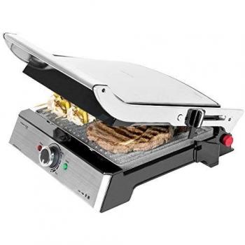 Cecotec Rock'n Grill Pro - Parrilla Eléctrica, Revestimiento de Piedra Rockstone, Placas Extraíbles y Reversibles, Apertura de 180ª, Superficie Amplia 34 x 23 cm, 2000 W, Acero Inoxidable