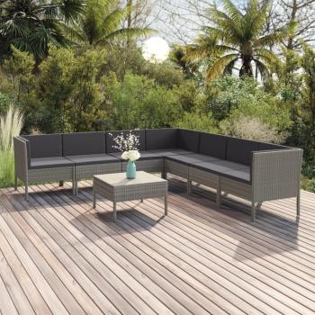 8-Piece Grey Poly Rattan Garden Lounge Set with Cushions