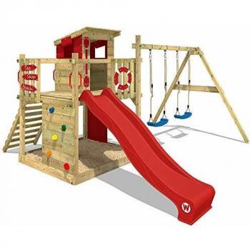 Estructura de juego de madera Smart Camp con columpio, tobogán rojo y arenero para niños