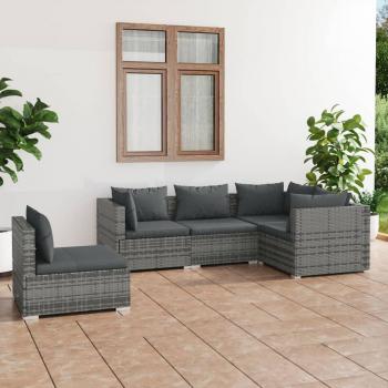 5 Piece Grey Poly Rattan Garden Lounge Set with Cushions
