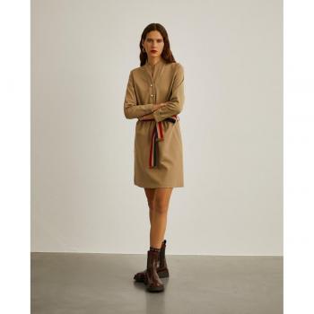 Vestido Corto de Punto con Botones y Cinturón Camel