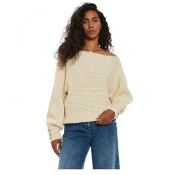 Beige Off-Shoulder Wool Blend Sweater, Regular Fit for Women, Size XL