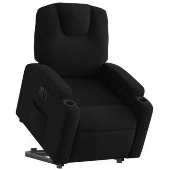 Silla reclinable eléctrica elevable de tela negra con respaldo, reposabrazos y asiento ajustable