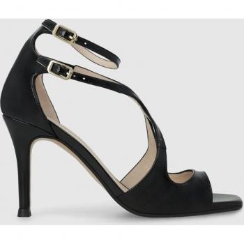 Sandalias Sasue de Lodi para mujer en charol negro con tacón aguja, doble pulsera al tobillo y tiras entrelazadas en empeine