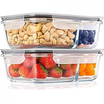 Pack 2 Recipientes de Cristal para Alimentos, 2 Compartimentos Herméticos, Tamaño XL 1040ml - Recipiente Cristal sin BPA para comidas - Meal Prep Comidas, Conservación, Congelación Alimentaria