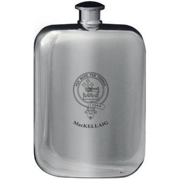 MacKellaig Family Crest Design Pocket Hip Flask 6oz Rounded Polished Pewter