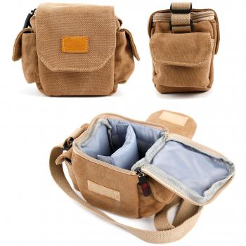 DURAGADGET Bolso Pequeño Marrón con Bandolera para Cámara Fotográfica + ¡Paño Limpiador para La Lente! - Producto De Primera Calidad