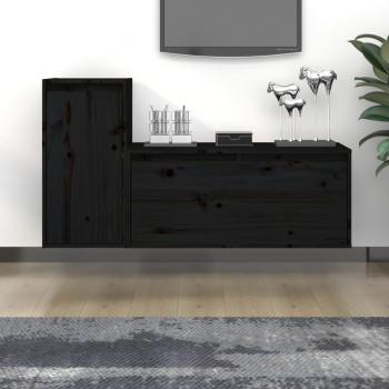Mueble para TV de 2 piezas en madera maciza de pino negro, ideal para salón, con diseño moderno y funcionalidad óptima