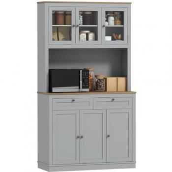 Alacena de Cocina HOMCOM con 3 Puertas de Vidrio, Encimera Abierta para Microondas, 2 Cajones y Estantes Ajustables, 100x40x180 cm, Gris