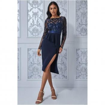 Goddiva Sequin Bodice With Front Frill Midi Dress - Navy
