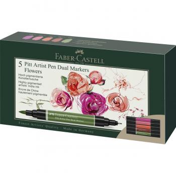 Pack 5 rotuladores doble punta tinta china Dual Marker Faber-Castell flores