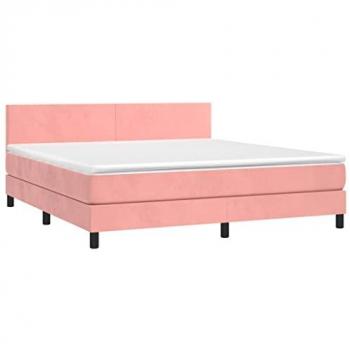 Cama Box Spring con colchón y LED de terciopelo rosa 160x200 cm