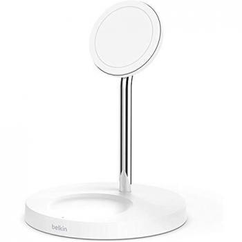 Belkin - Cargador Inalámbrico 2 en 1 con MagSafe, Carga Rápida de 15 W, Soporte de Carga para la Serie iPhone 12, AirPods y Otros Dispositivos con MagSafe, Adaptador de Corriente Incluido, Blanco