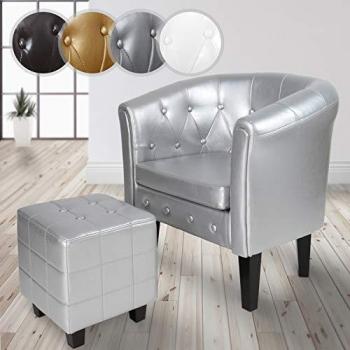 Sillón Chesterfield Vintage con Taburete Reposapiés de Madera y Piel Sintética, Diseño de Rombos, Color a Elegir
