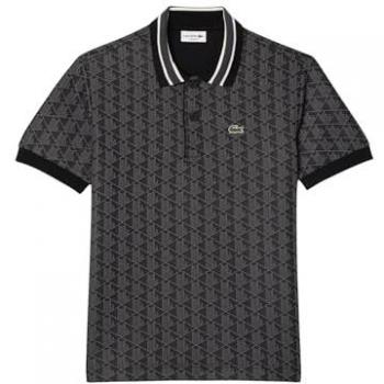 Lacoste Men's Classic Fit Short Sleeve Polo Shirt with Contrast Collar and Monogram (Black)