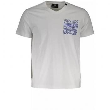 Plein Sport Men's XL White Cotton V-Neck T-Shirt with Print Detail