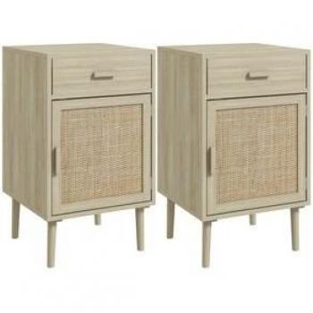 HOMCOM Juego de 2 Mesitas de Noche con Cajón de Ratán y Estante Ajustable para Dormitorio Salón 40x40x68,5 cm Roble