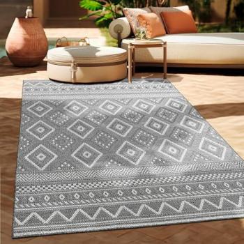 Alfombra Exterior Interior Balcón Terraza Cocina Motivo Boho Étnico Moderno 300x400 cm, Color Gris 2