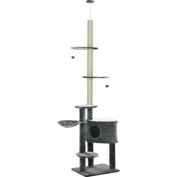 PawHut Árbol Rascador para Gatos 220-265 cm Altura Ajustable al Techo con Plataformas Bolas de Juego Poste de Sisal Natural Gris Oscuro