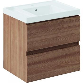 Mueble de baño suspendido Cosmic con lavabo Teckstone y 2 cajones en color nogal natural