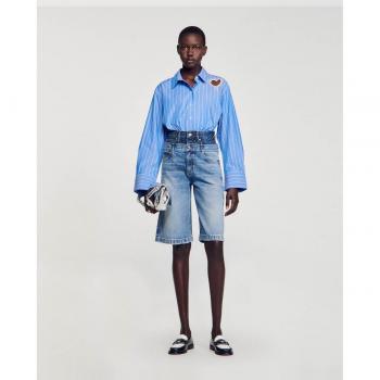 Sandro High Waist Double Waist Women's Denim Bermuda Shorts in Blue Jean - Size 8 US