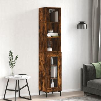 Aparador alto de madera contrachapada en color roble ahumado, dimensiones 34,5x34x180 cm, con 1 puerta de cristal, ideal como mueble de almacenaje para salón o armario auxiliar