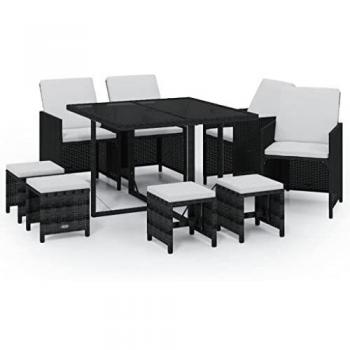 Set de comedor de jardín 9 piezas con cojines de ratán sintético negro