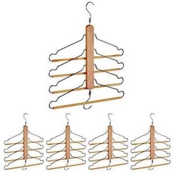 Pack de 5 Perchas Múltiples Ahorra Espacio, Beige, Madera y Metal, con 4 Ganchos Flexibles - Relaxdays