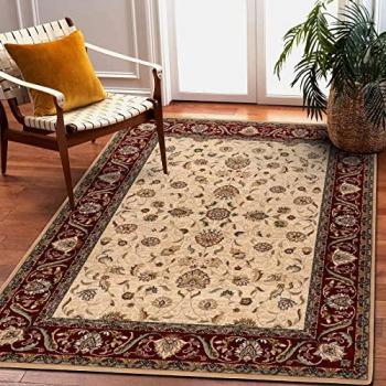 Alfombra de lana Omega Aries flores rojo rubí claro beige 100x150 cm
