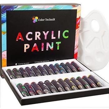 Acrílico Juego de pintura por color Technik, paleta de calidad de artista profesional, incluye, 24 tubos de aluminio, mejor colores para pintura lienzo, madera, arcilla, tela, uñas y cerámica, ricos pigmentos, regalo Me
