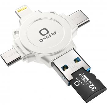 4 en 1 Unidad USB de 32GB para IOS / Android, aleación QARFEE OTG tipo C / Lightning / USB / Micro USB Memoria Externa Unidad de almacenamiento Flash Drive Disco U para iPhone iPad iPod Mac Teléfono celular Android y PC, Plateado