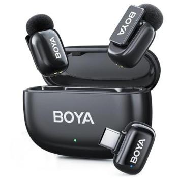 Micrófono Lavalier Inalámbrico BOYA Mini 2 USB-C con Reducción de Ruido AI, 2 Transmisores y 1 Receptor