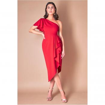 Goddiva Waterfall Sleeve Wrap Midi Dress - Red